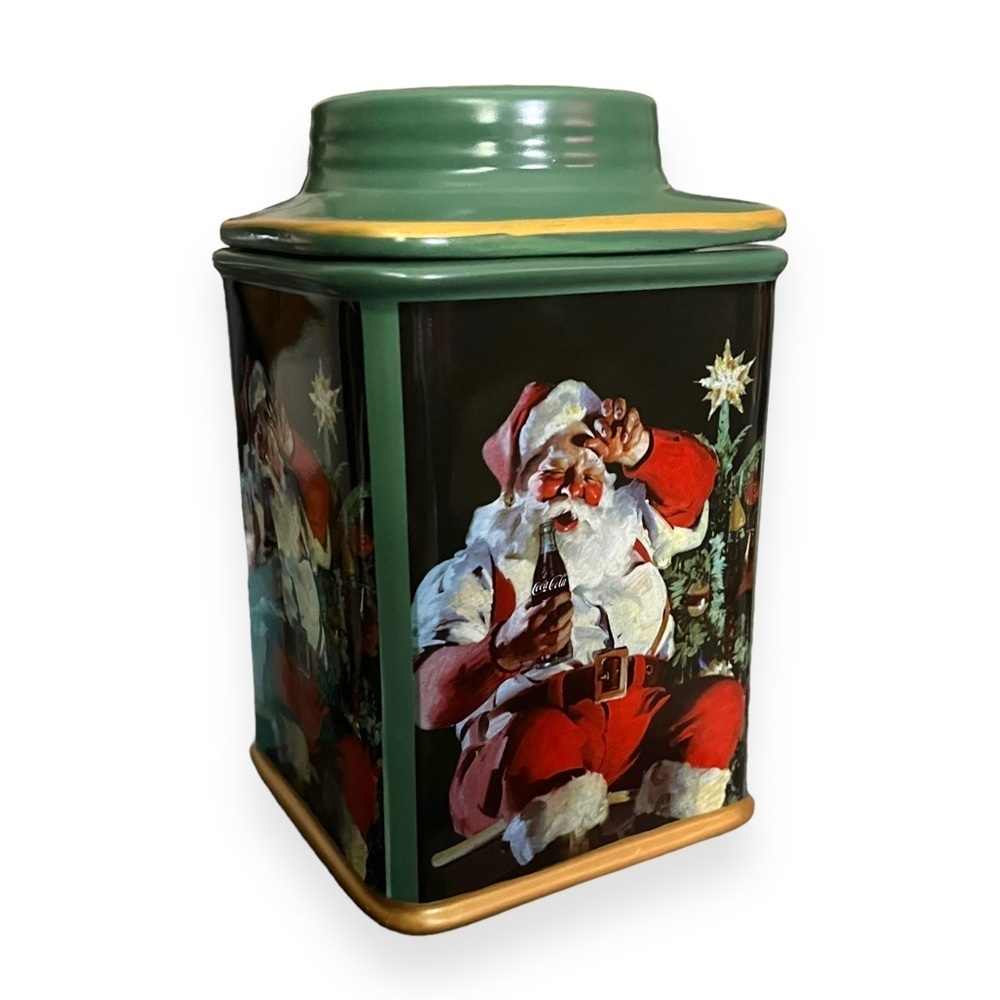 Coca Cola Holiday Portraits‎ Santa Red Green Stoneware Canister Jar 2002 Sakura
